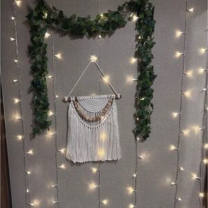 BOHO THEME- Fairy Lights, macrame decoration, and fake leaves.
